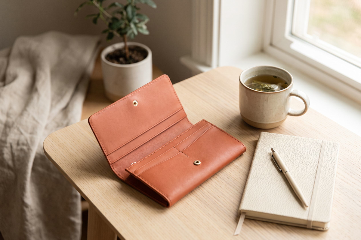 Un porte-cartes fin, en cuir, qui se glisse dans la poche ou le sac sans le déformer.